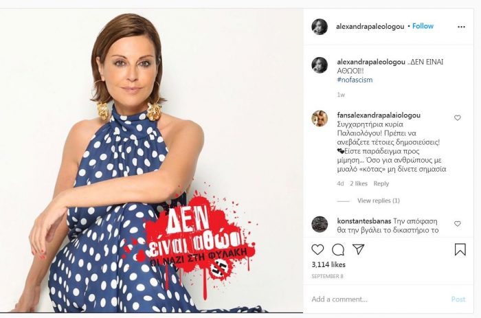 Αλ. Παλαιολόγου: Της την «έπεσαν» για το διαδικτυακό αντιναζιστικό αυτοκόλλητο