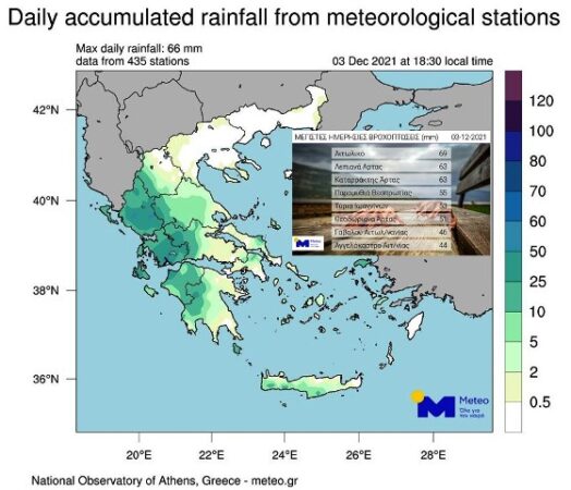 Στο Δήμο Μεσολογγίου τα μεγαλύτερη ύψη βροχής στη χώρα την Παρασκευή