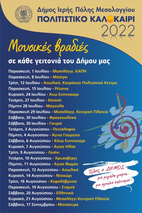 Καλοκαιρινά βράδια με νότες και μελωδίες στις πόλεις και τα χωριά του Δήμου Ι.Π. Μεσολογγίου