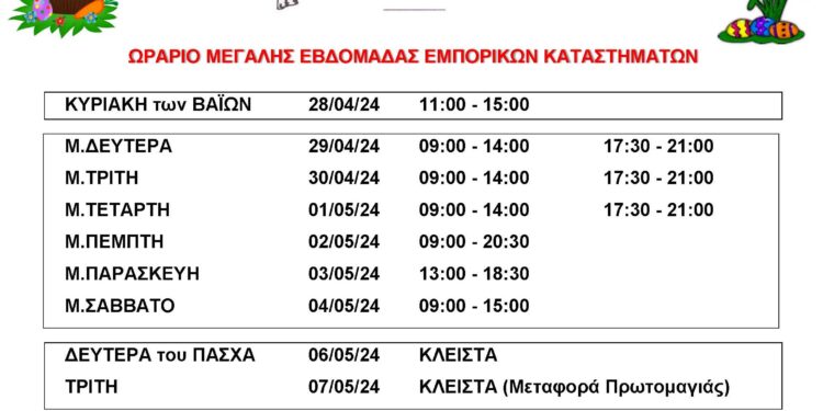 Ωράριο Μεγάλης Εβδομάδος Εμπορικών Καταστημάτων Ναυπάκτου