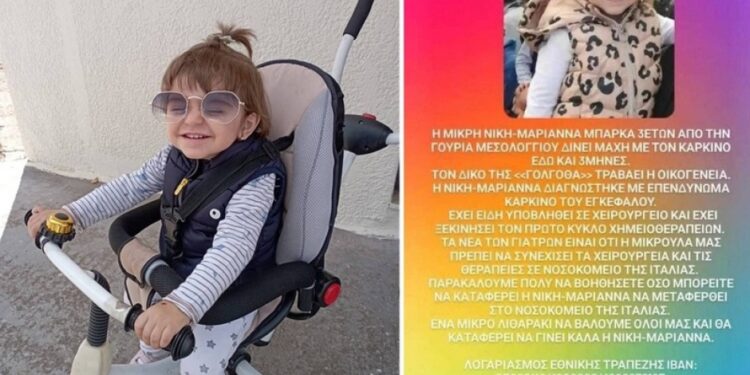 Αιτωλ/νία: Τα χρήματα για τις θεραπείες της συγκεντρώθηκαν- Αναχωρεί για το εξωτερικό η 3χρονη Νίκη – Μαριάννα