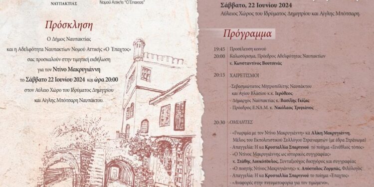 Τιμητική Εκδήλωση για τον Ντίνο Μακρυγιάννη στις 22 Ιουνίου στο Αρχοντικό Μπότσαρη
