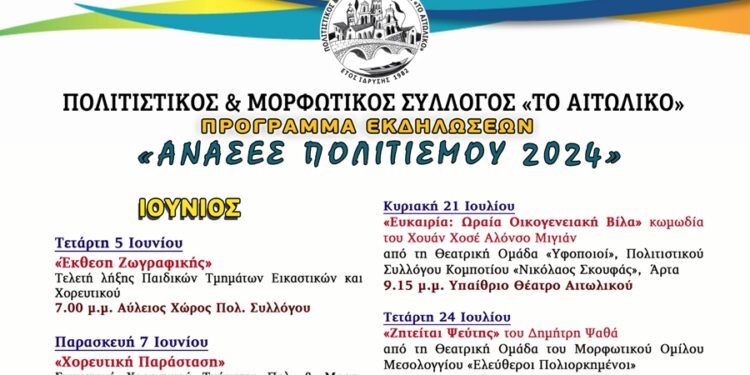 Πολιτιστικός & Μορφωτικός Σύλλογος “Το Αιτωλικό”-το Πρόγραμμα των πολιτιστικών του Δράσεων για το φετινό Καλοκαίρι: “Ανάσες Πολιτισμού 2024”
