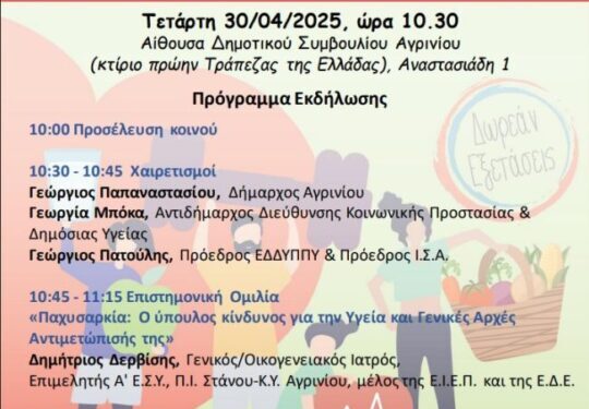 Αγρίνιο: Εκδήλωση Ευαισθητοποίησης για την παχυσαρκία με δωρεάν προληπτικό έλεγχο