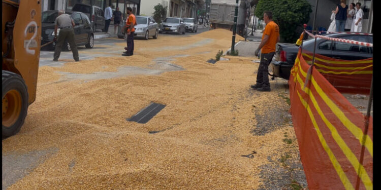 Μεγάλος όγκος καλαμποκιού έπεσε στον δρόμο έξω από το Κέντρο Υγείας Αμφιλοχίας