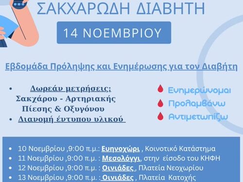 Εβδομάδα πρόληψης και ενημέρωσης για τον Σακχαρώδη Διαβήτη από το προσωπικό των Κοινωνικών Δομών του Δήμου Ιερής Πόλης Μεσολογγίου