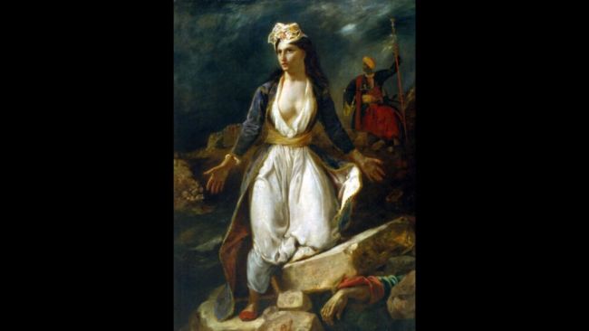 Η Λίνα Μενδώνη στα εγκαίνια της έκθεσης «Μεσολόγγι 1826-2026 με τα χρώματα του Ντελακρουά»