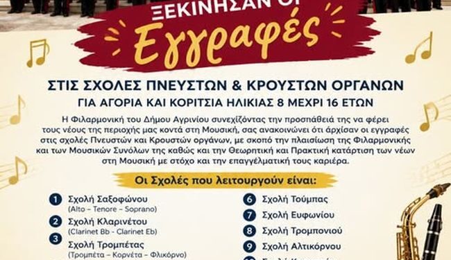 Εγγραφές στις σχολές της Φιλαρμονικής Αγρινίου